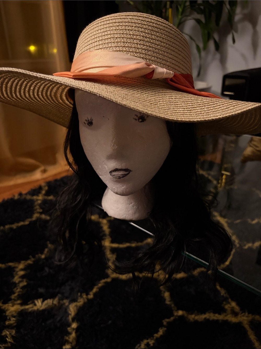 Natural Straw Wide-Brim Hat with Orange Ribbon Bow-NOT WORN!